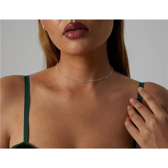 Satellite Chain Choker Necklace 14K Silver Plated with Blue Beads - Picture 6 of 7